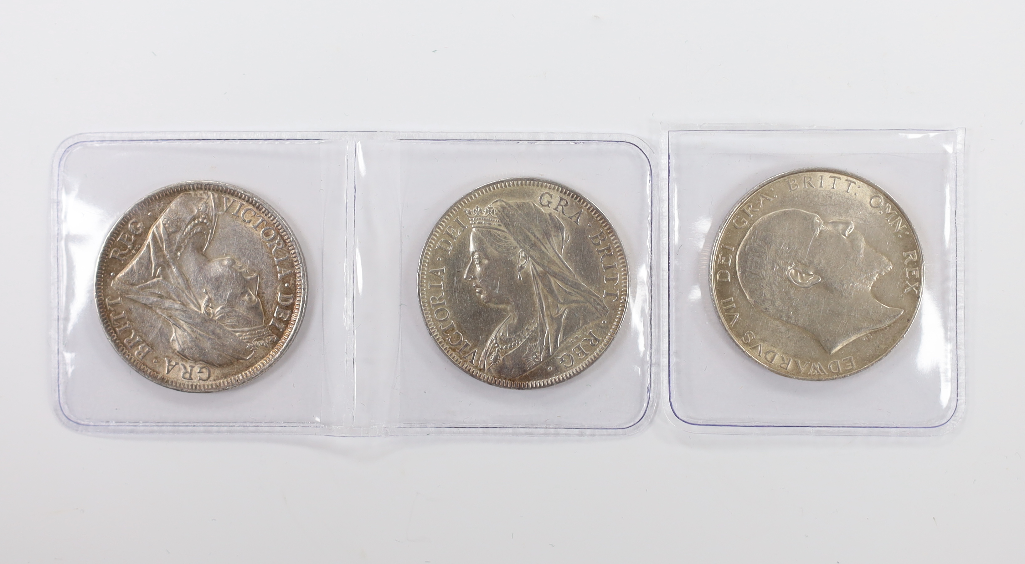 British silver coins, three Edward VII halfcrowns, 1902 good EF, 1899 good VF & 1897 good EF.